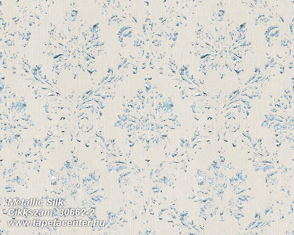 Barokk-klasszikus,csillámos,különleges felületű,különleges motívumos,valódi textil,bézs-drapp,ezüst,kék,vlies tapéta 